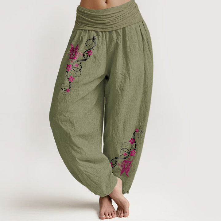 Pantalon harem pour femme en pur coton aux couleurs douces, motif papillons, fleurs et vigne, avec taille élastique, Buddha Stones. - Vert olive - US16，UK/AU20，EU48 (3XL) - image 14