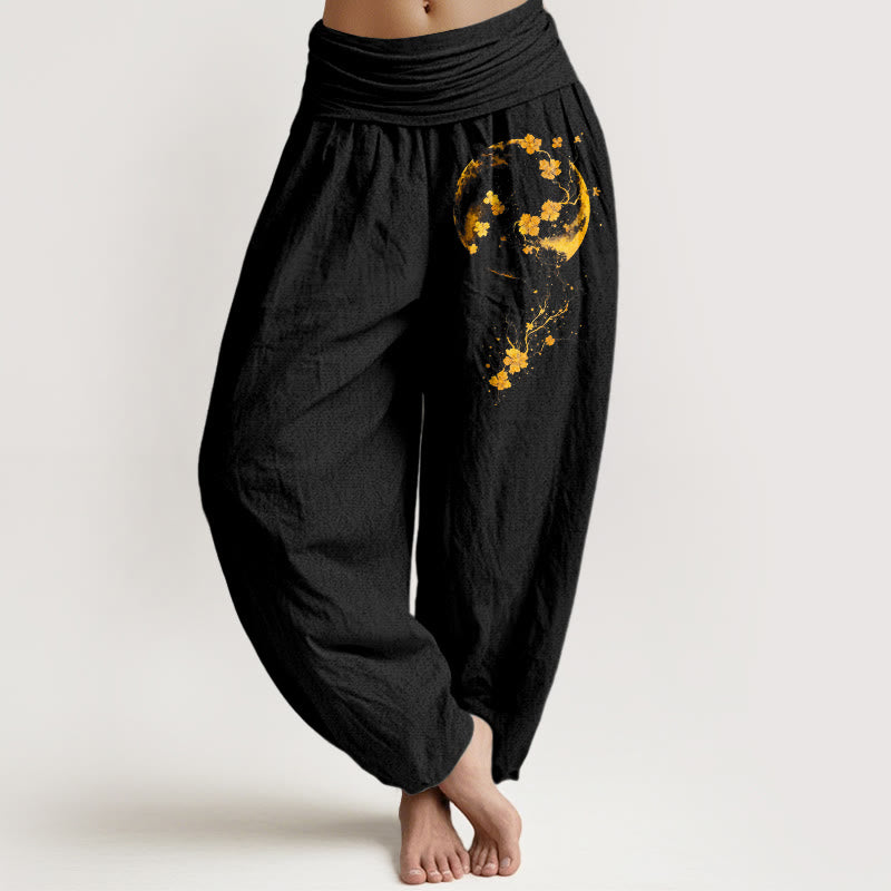 Pantalon harem pour femme en pur coton, motif fleurs de lune et vigne aux couleurs vives, avec taille élastique, Buddha Stones. - Noir - US16，UK/AU20，EU48 (3XL) - image 0