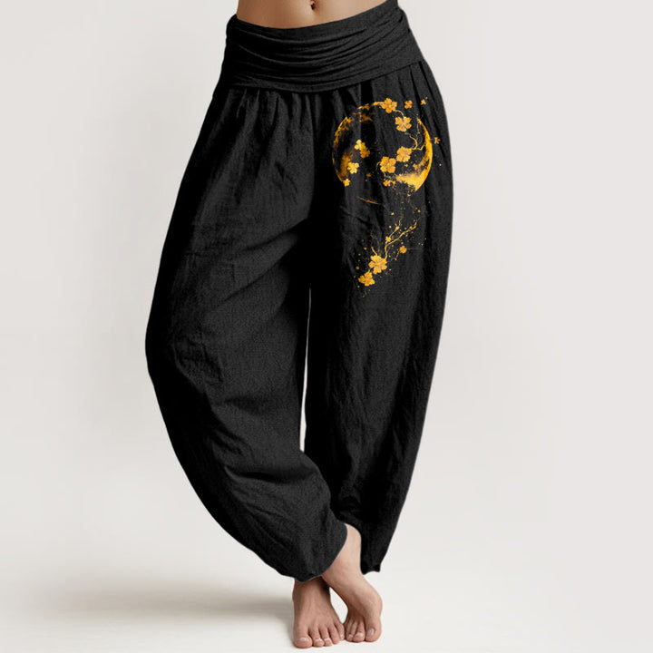 Pantalon harem pour femme en pur coton, motif fleurs de lune et vigne aux couleurs vives, avec taille élastique, Buddha Stones. - Noir - US16，UK/AU20，EU48 (3XL) - image 0