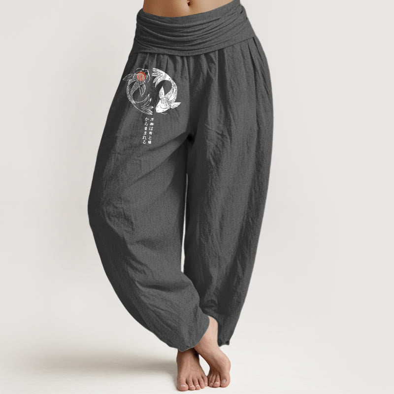 Pantalon harem à taille élastique pour femme, en pur coton, motif carpes koï et Buddha Stones - Gris terne - US16，UK/AU20，EU48 (3XL) - image 0