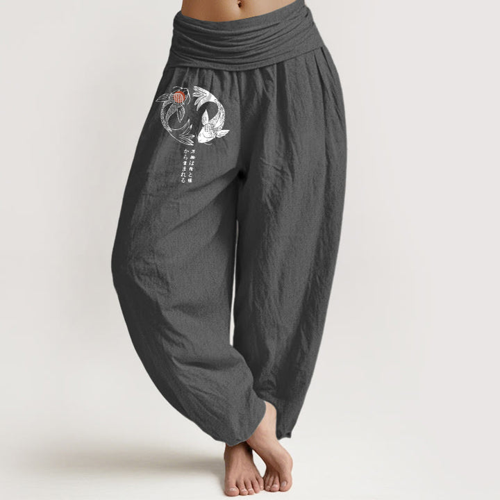 Pantalon harem à taille élastique pour femme, en pur coton, motif carpes koï et Buddha Stones - Gris terne - US16，UK/AU20，EU48 (3XL) - image 0