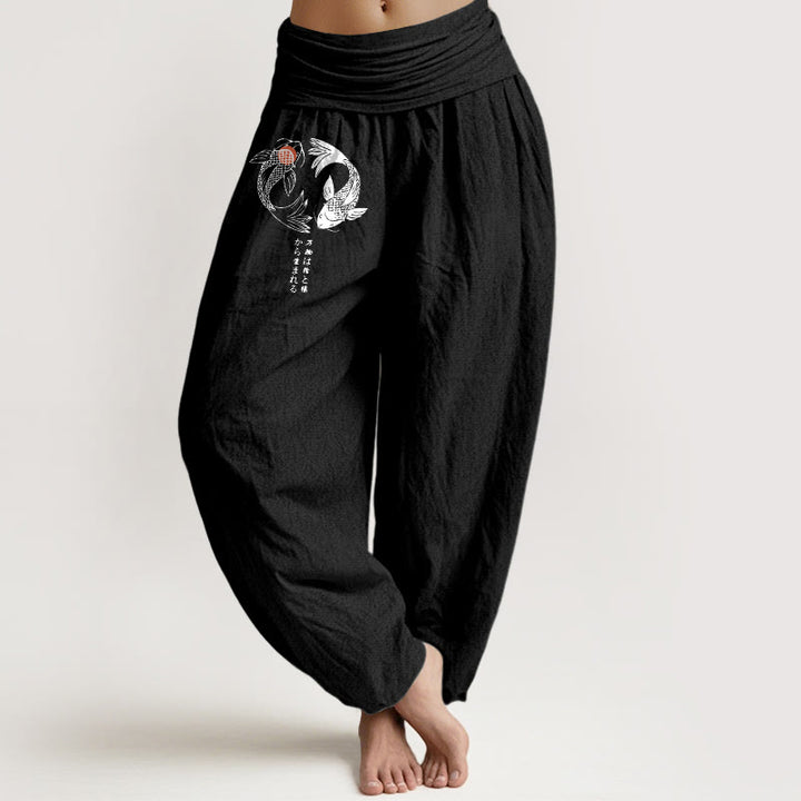 Pantalon harem à taille élastique pour femme, en pur coton, motif carpes koï et Buddha Stones - Noir - US16，UK/AU20，EU48 (3XL) - image 5