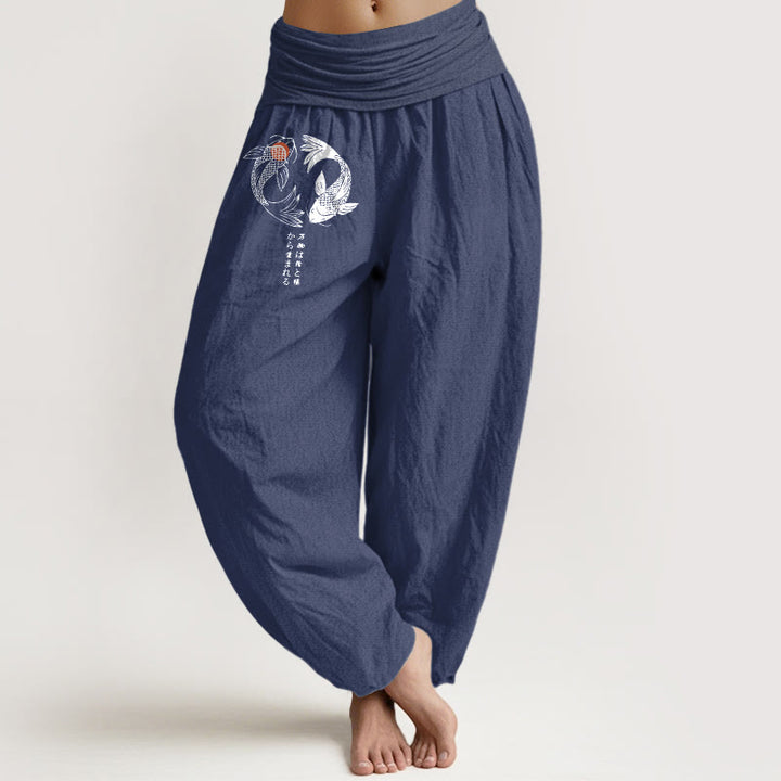 Pantalon harem à taille élastique pour femme, en pur coton, motif carpes koï et Buddha Stones - Bleu ardoise foncé - US16，UK/AU20，EU48 (3XL) - image 8