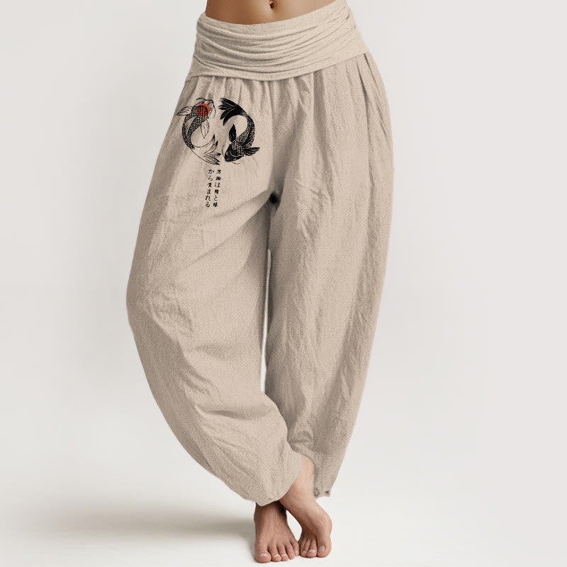 Pantalon harem à taille élastique pour femme, en pur coton, motif carpes koï et Buddha Stones - Tanné - US16，UK/AU20，EU48 (3XL) - image 11