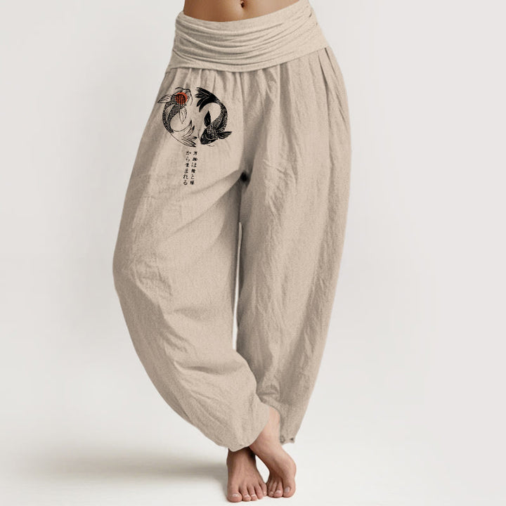 Pantalon harem à taille élastique pour femme, en pur coton, motif carpes koï et Buddha Stones - Tanné - US16，UK/AU20，EU48 (3XL) - image 11