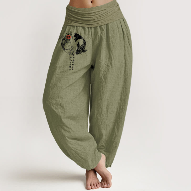 Pantalon harem à taille élastique pour femme, en pur coton, motif carpes koï et Buddha Stones - Vert olive - US16，UK/AU20，EU48 (3XL) - image 14
