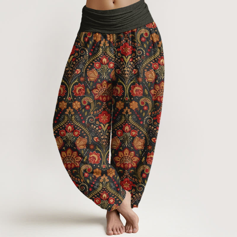 Pantalon harem à taille élastique pour femme, en coton, motif floral et de feuilles colorées, avec Buddha Stones - Noir - US16，UK/AU20，EU48 (3XL) - image 0