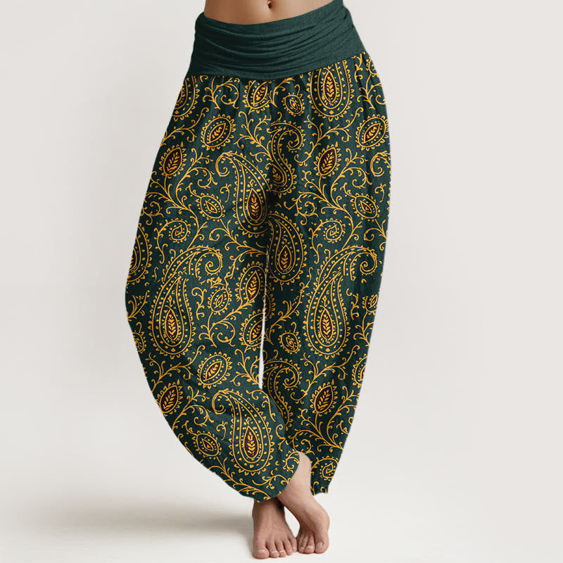 Pantalon harem pour femme, taille élastique, en coton à motif cachemire aux couleurs vives, avec Buddha Stones - Vert foncé - US16，UK/AU20，EU48 (3XL) - image 0
