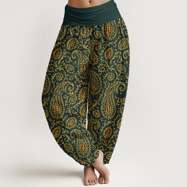 Pantalon harem pour femme, taille élastique, en coton à motif cachemire aux couleurs vives, avec Buddha Stones - Vert foncé - US16，UK/AU20，EU48 (3XL) - image 0