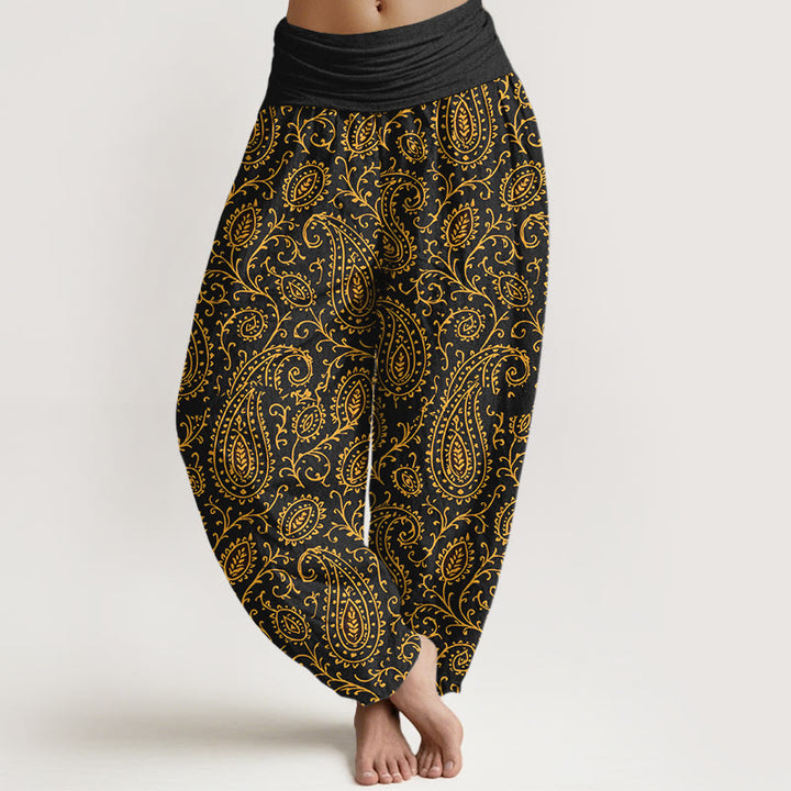 Pantalon harem pour femme, taille élastique, en coton à motif cachemire aux couleurs vives, avec Buddha Stones - Noir - US16，UK/AU20，EU48 (3XL) - image 8