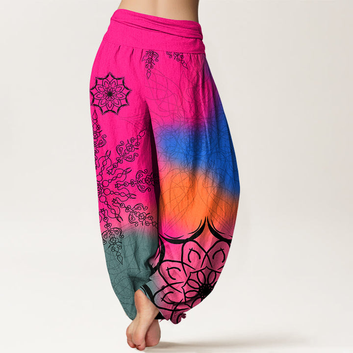 Pantalon harem à taille élastique pour femme, en coton à motif mandala aux couleurs vives et Buddha Stones - image 1