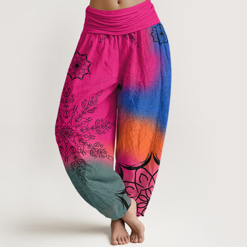 Pantalon harem à taille élastique pour femme, en coton à motif mandala aux couleurs vives et Buddha Stones - Rose foncé - US16，UK/AU20，EU48 (3XL) - image 0
