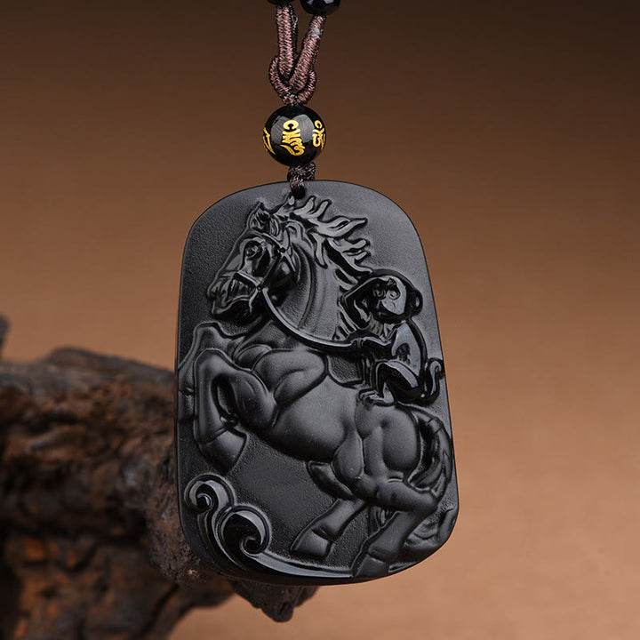 Buddha Stones Pendentif collier de purification en obsidienne noire, motif Cheval et Singe (Année du Cheval) - Cheval, singe et six mots vrais - image 9