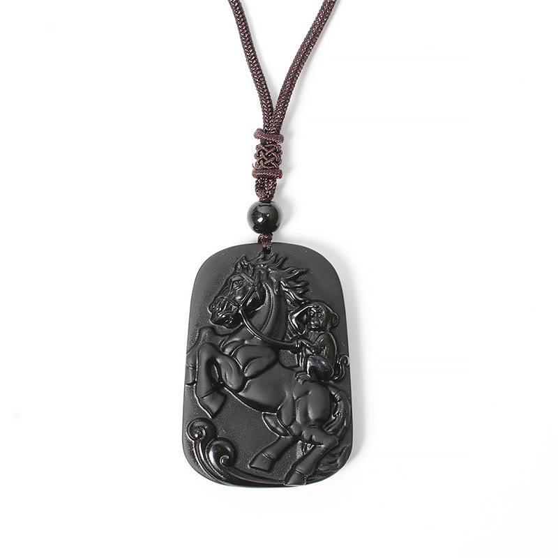 Buddha Stones Pendentif collier de purification en obsidienne noire, motif Cheval et Singe (Année du Cheval) - image 6