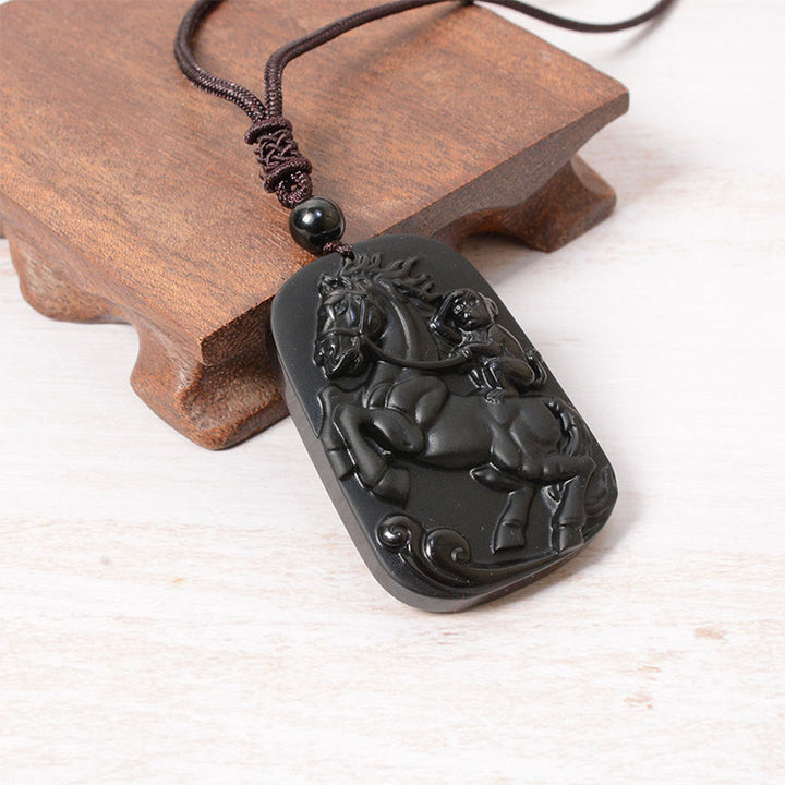 Buddha Stones Pendentif collier de purification en obsidienne noire, motif Cheval et Singe (Année du Cheval) - image 4