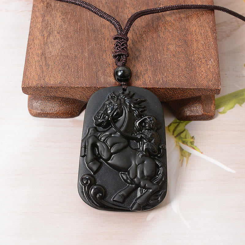 Buddha Stones Pendentif collier de purification en obsidienne noire, motif Cheval et Singe (Année du Cheval) - image 2