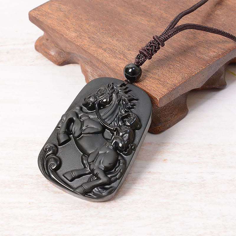 Buddha Stones Pendentif collier de purification en obsidienne noire, motif Cheval et Singe (Année du Cheval) - image 3