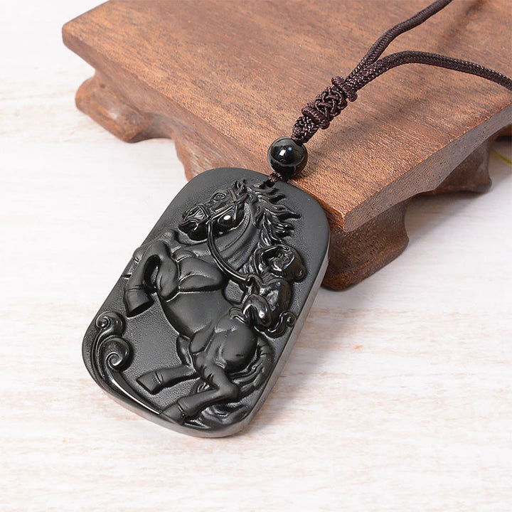 Buddha Stones Pendentif collier de purification en obsidienne noire, motif Cheval et Singe (Année du Cheval) - image 3