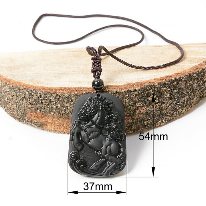 Buddha Stones Pendentif collier de purification en obsidienne noire, motif Cheval et Singe (Année du Cheval) - Cheval et singe - image 1