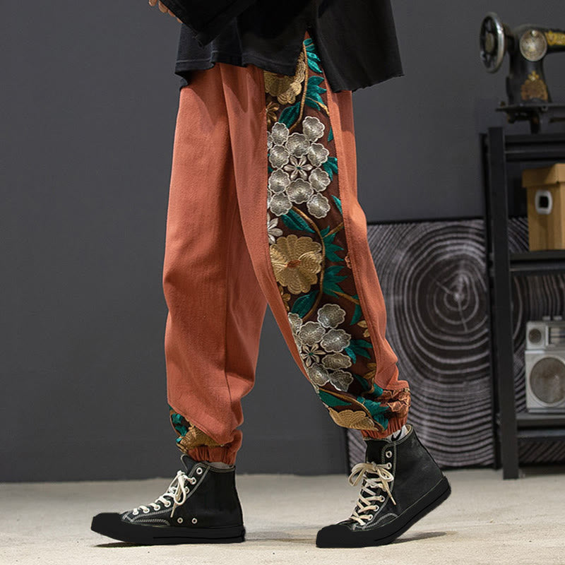 Pantalon en coton patchwork à motif floral brodé Buddha Stones Spring pour homme, avec poches - Rouge indien - US/UK/AU46，EU56 (5XL) - image 5
