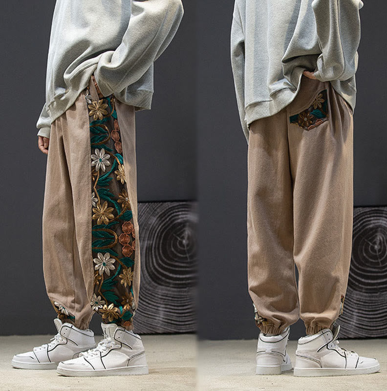 Pantalon en coton patchwork à motif floral brodé Buddha Stones Spring pour homme, avec poches - image 19