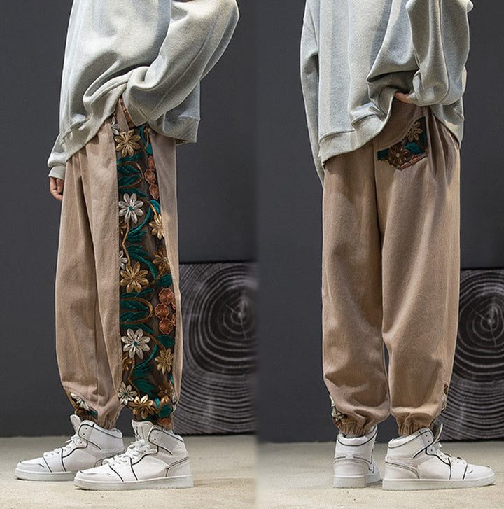 Pantalon en coton patchwork à motif floral brodé Buddha Stones Spring pour homme, avec poches - image 19