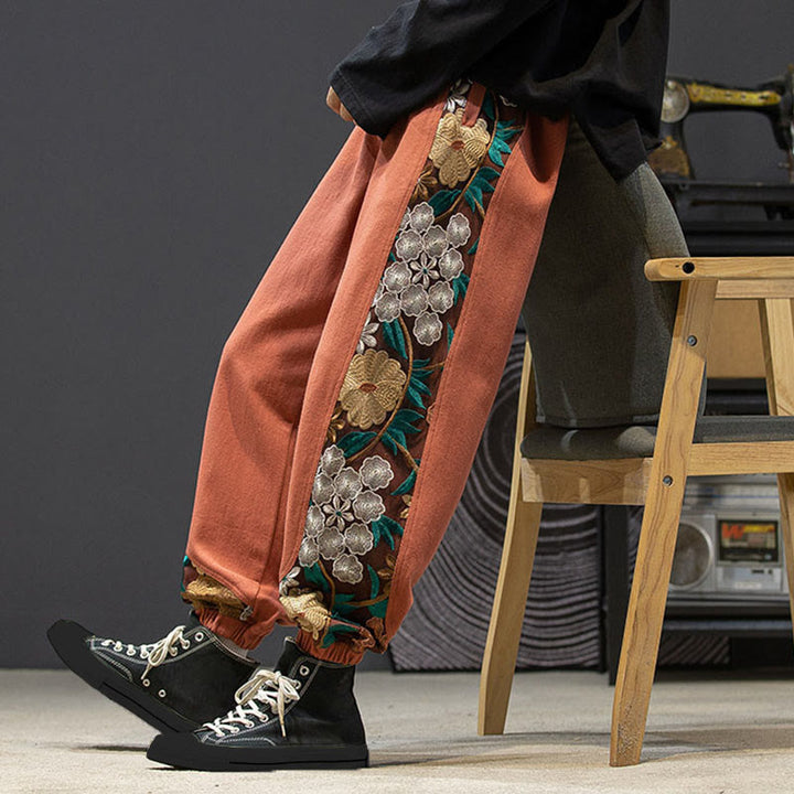 Pantalon en coton patchwork à motif floral brodé Buddha Stones Spring pour homme, avec poches - image 7