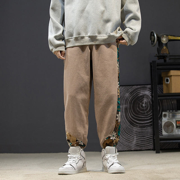 Pantalon en coton patchwork à motif floral brodé Buddha Stones Spring pour homme, avec poches - image 16