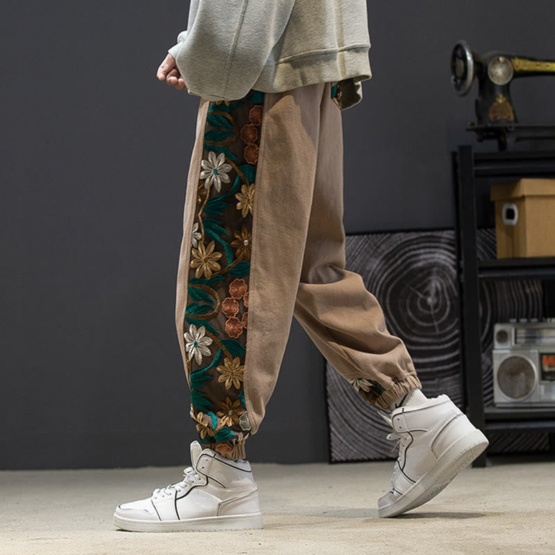 Pantalon en coton patchwork à motif floral brodé Buddha Stones Spring pour homme, avec poches - image 15