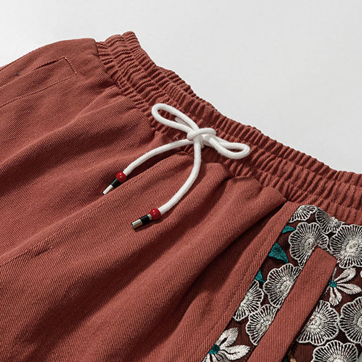 Pantalon en coton patchwork à motif floral brodé Buddha Stones Spring pour homme, avec poches - image 9