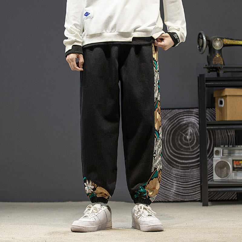 Pantalon en coton patchwork à motif floral brodé Buddha Stones Spring pour homme, avec poches - image 3