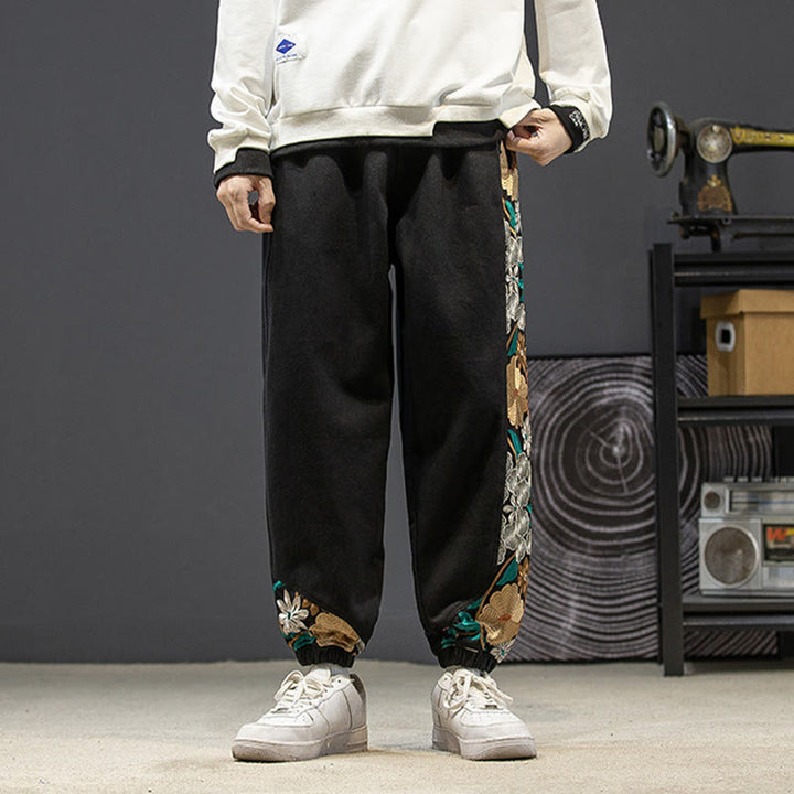Pantalon en coton patchwork à motif floral brodé Buddha Stones Spring pour homme, avec poches - image 3