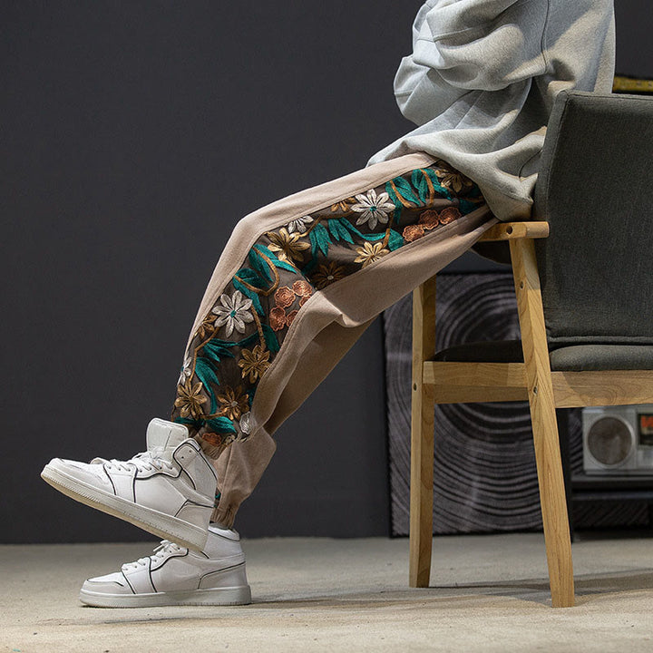 Pantalon en coton patchwork à motif floral brodé Buddha Stones Spring pour homme, avec poches - image 18