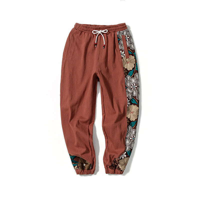 Pantalon en coton patchwork à motif floral brodé Buddha Stones Spring pour homme, avec poches - image 13