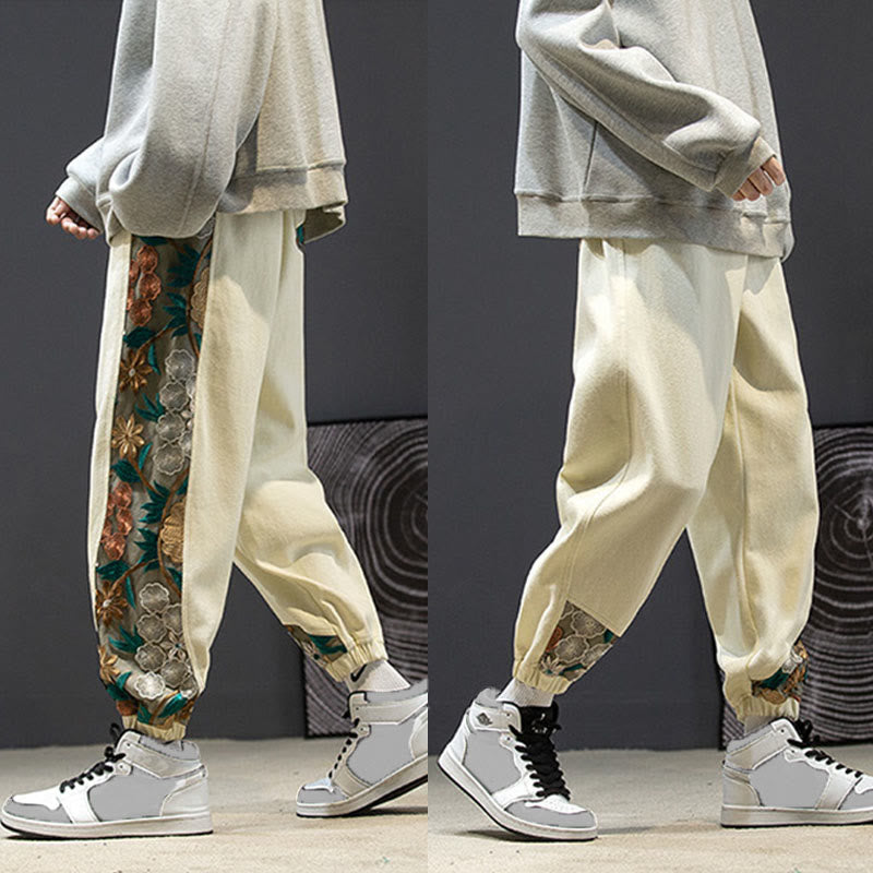 Pantalon en coton patchwork à motif floral brodé Buddha Stones Spring pour homme, avec poches - image 25