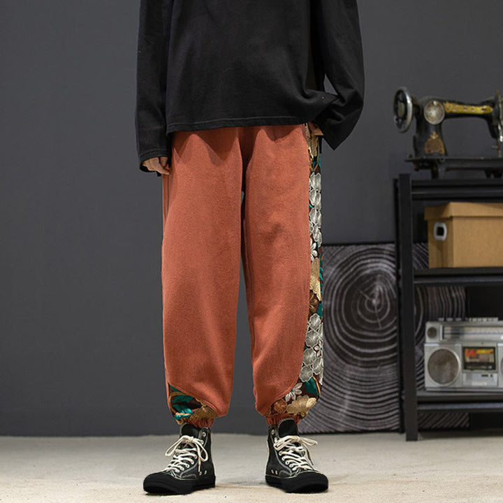 Pantalon en coton patchwork à motif floral brodé Buddha Stones Spring pour homme, avec poches - image 6