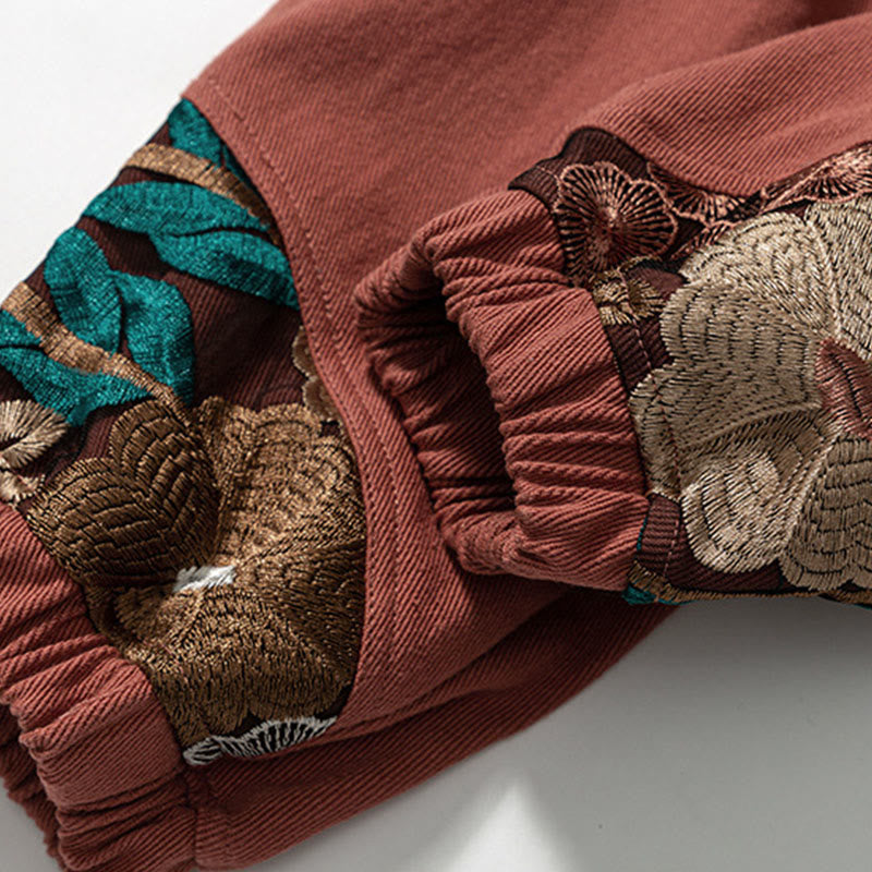 Pantalon en coton patchwork à motif floral brodé Buddha Stones Spring pour homme, avec poches - image 11