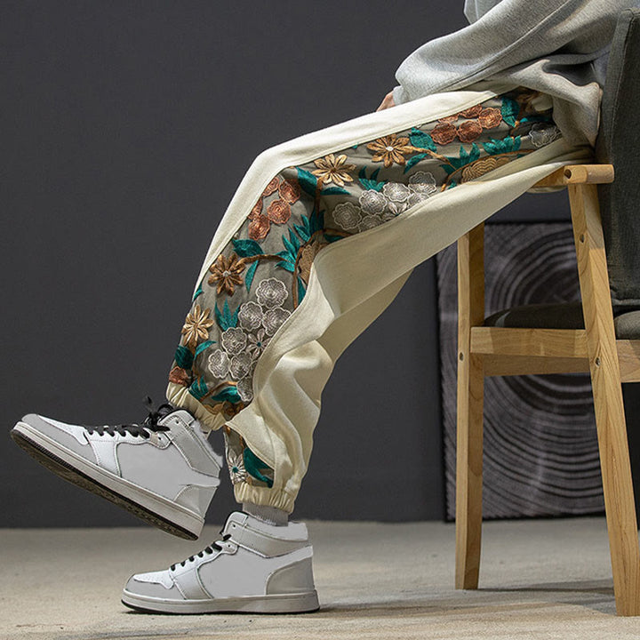 Pantalon en coton patchwork à motif floral brodé Buddha Stones Spring pour homme, avec poches - image 23