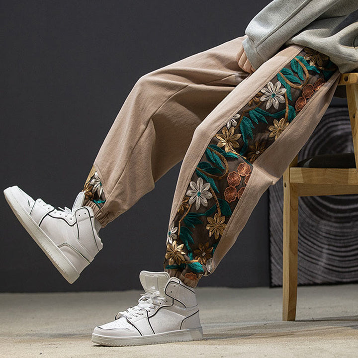 Pantalon en coton patchwork à motif floral brodé Buddha Stones Spring pour homme, avec poches - image 17