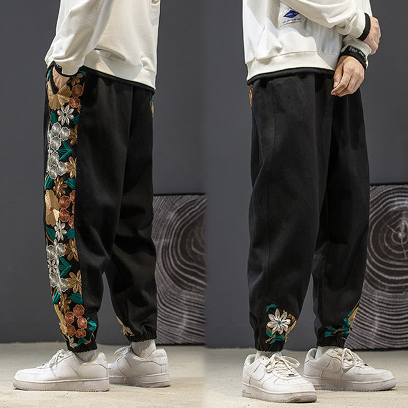Pantalon en coton patchwork à motif floral brodé Buddha Stones Spring pour homme, avec poches - image 4
