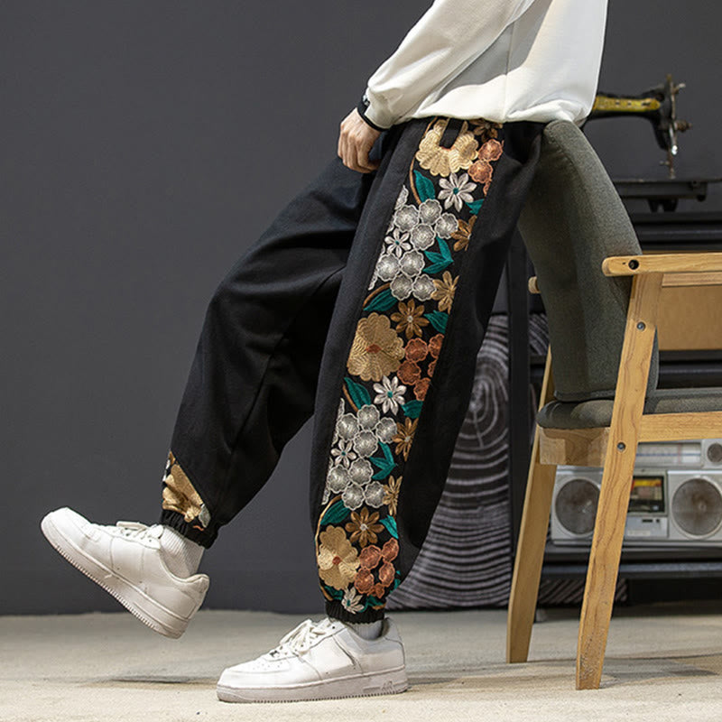 Pantalon en coton patchwork à motif floral brodé Buddha Stones Spring pour homme, avec poches - image 1