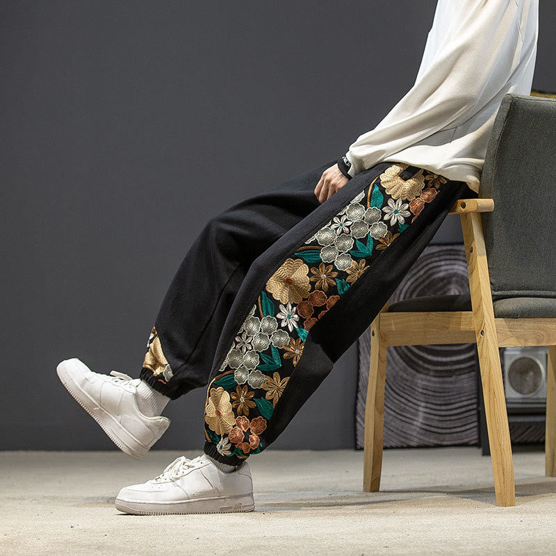 Pantalon en coton patchwork à motif floral brodé Buddha Stones Spring pour homme, avec poches - Noir - US/UK/AU46，EU56 (5XL) - image 0