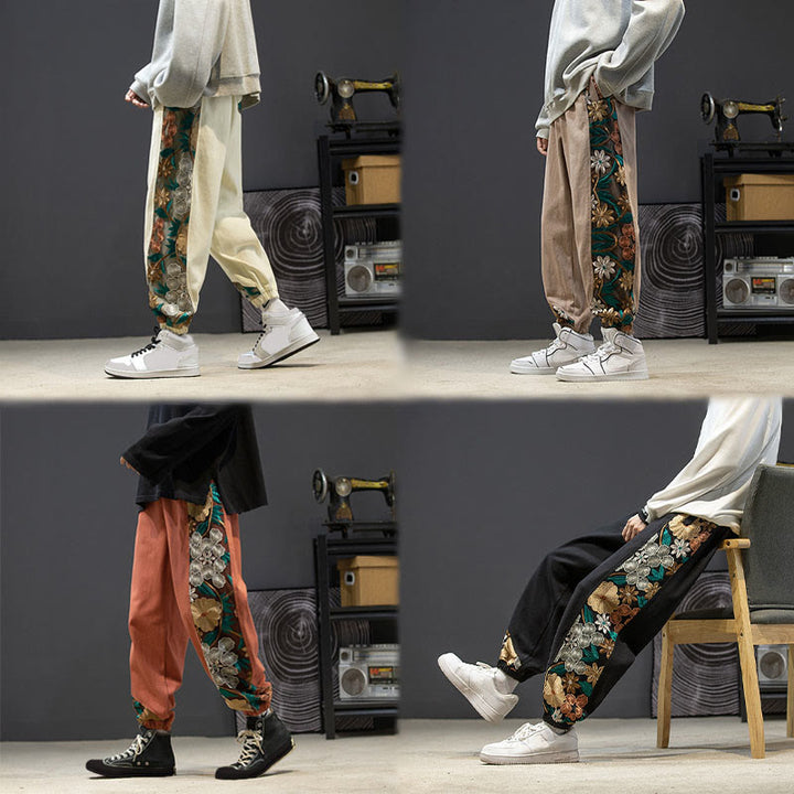 Pantalon en coton patchwork à motif floral brodé Buddha Stones Spring pour homme, avec poches - image 26