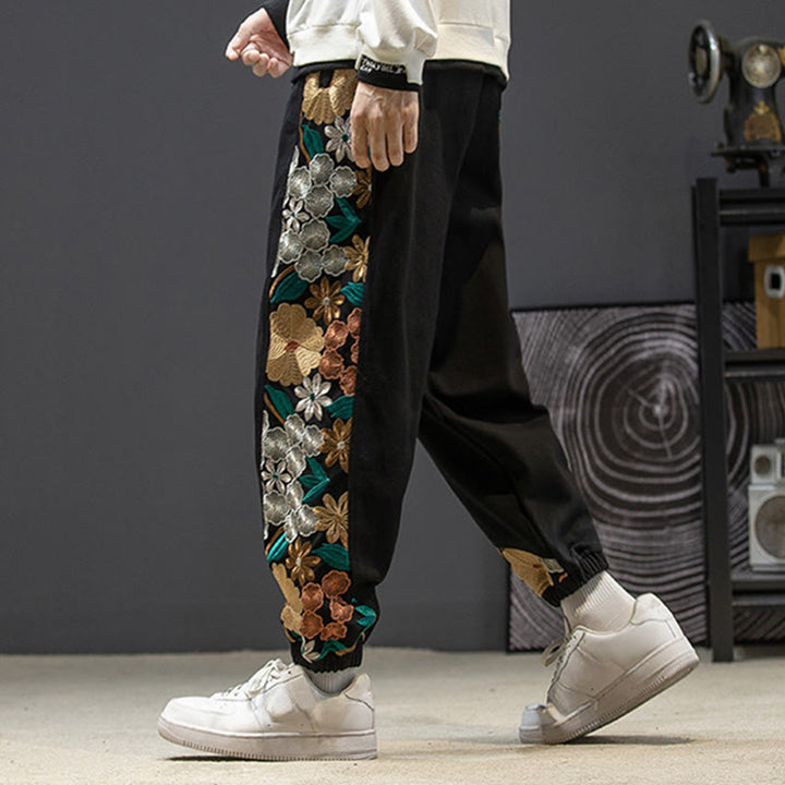 Pantalon en coton patchwork à motif floral brodé Buddha Stones Spring pour homme, avec poches - image 2