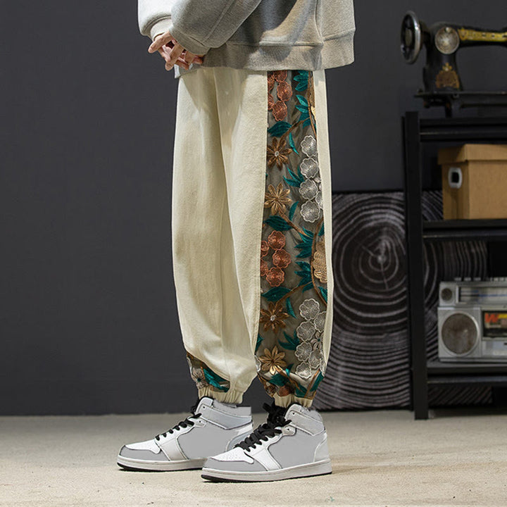 Pantalon en coton patchwork à motif floral brodé Buddha Stones Spring pour homme, avec poches - image 22
