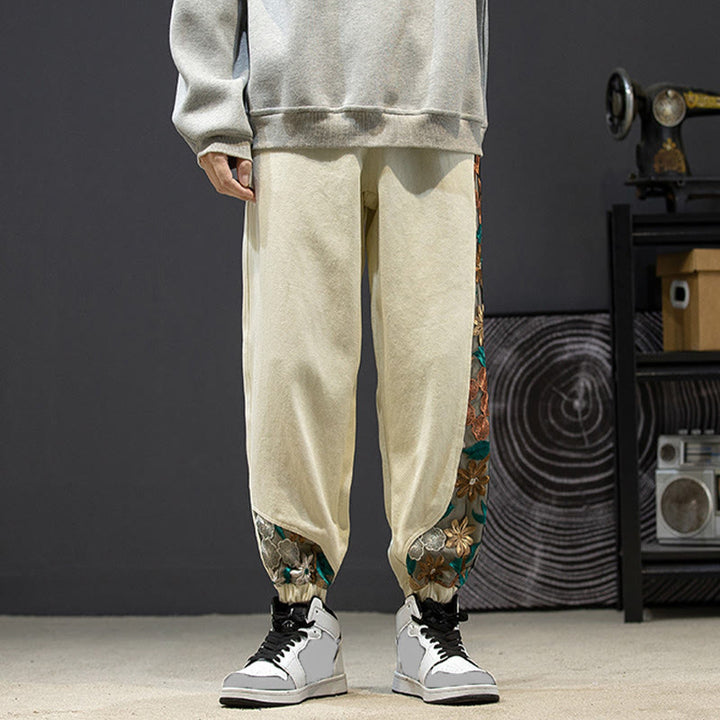 Pantalon en coton patchwork à motif floral brodé Buddha Stones Spring pour homme, avec poches - image 21
