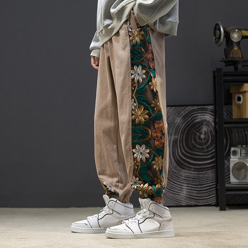 Pantalon en coton patchwork à motif floral brodé Buddha Stones Spring pour homme, avec poches - BurlyWood - US/UK/AU46，EU56 (5XL) - image 14