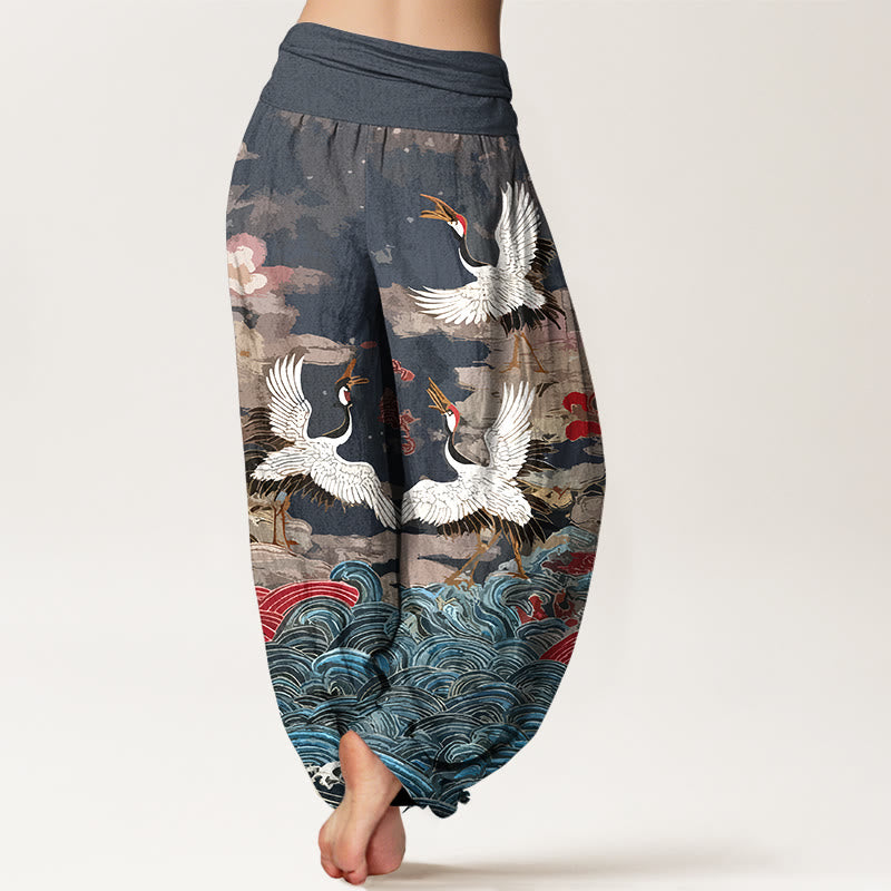 Pantalon harem femme en coton à taille élastique, motif grues, vagues et nuages, style classique, avec Buddha Stones - image 1