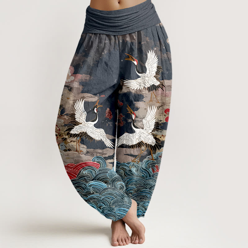 Pantalon harem femme en coton à taille élastique, motif grues, vagues et nuages, style classique, avec Buddha Stones - Gris ardoise - US16，UK/AU20，EU48 (3XL) - image 0