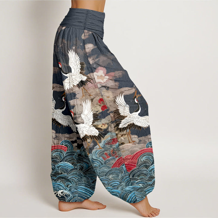 Pantalon harem femme en coton à taille élastique, motif grues, vagues et nuages, style classique, avec Buddha Stones - image 2